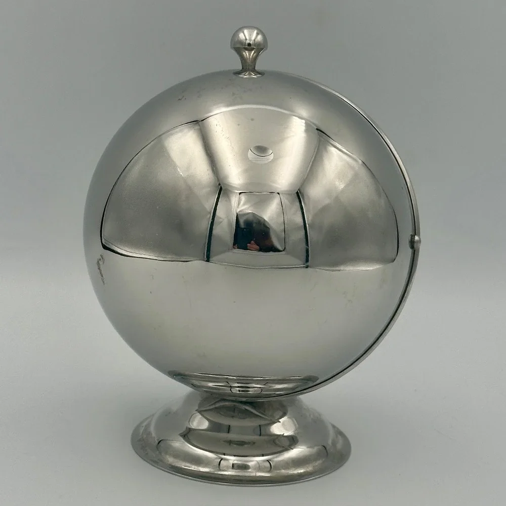 Vintage Stainless Steel Roll Top Sugar Bowl Spherical Pedestal Server MCM Silver